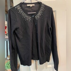 Loft black Button up Cardigan Sweater with Faux Diamond accents Rabbit hair Sm